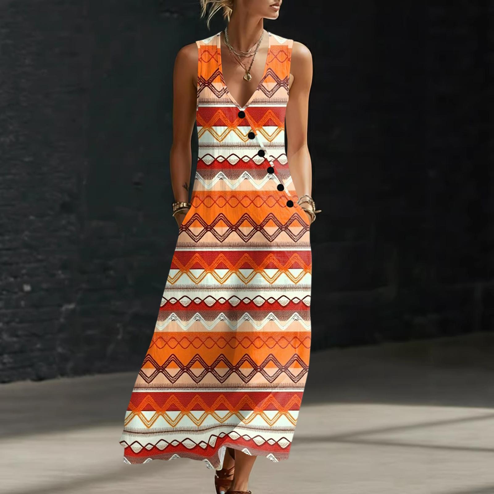 

Summer Dresses For Women Flowy Casual Midi Dress Beach Vacation Sundresses With Pockets L бежевый