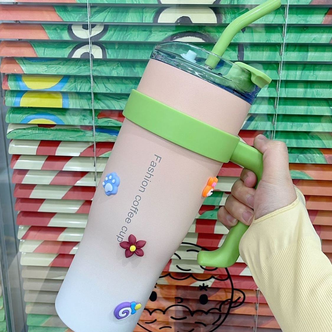 

1250 мл синяя чашка из нержавеющей стали с трубочкой для дома, термокружка для кофе с ручкой, бутылка для воды, принадлежности для кухни и бара