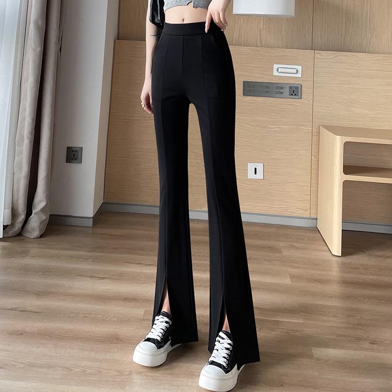 High-Waist Black Flared Pants for Women - Spring/Fall Slimming, Plus Size, Lightweight Front Slit Design