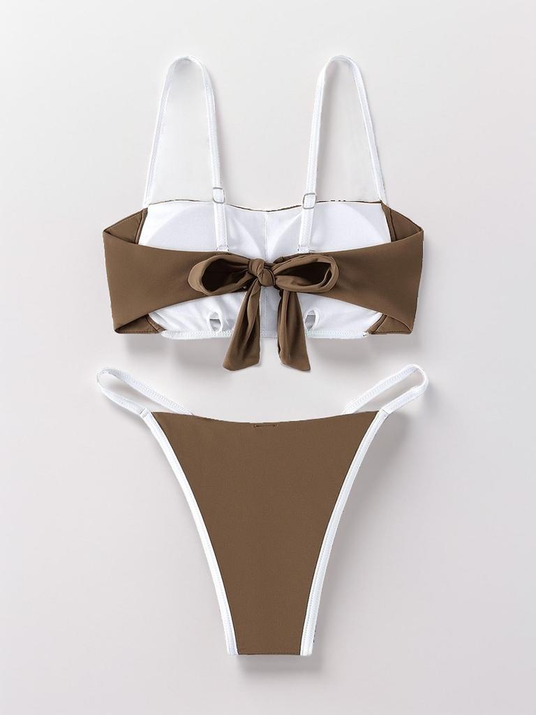 2024 Europäischer & Amerikanischer Farbblock Schnür-Bikini mit niedriger Taille