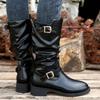 Fashion Pleated Buckle Strap Knight Boots Women Autumn Winter Brown PU Leather Mid Calf Boots Woman Zipper Thick Heel Riding Botas Mujer
