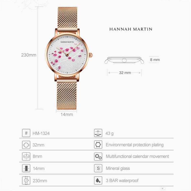 Hannah Martin Damen Luxus Neue 3D Kirschblüte Serie Stahl Gürtel Wasserdicht Quarz Damen Uhr Romantische Kirschblüte Uhr Frauen