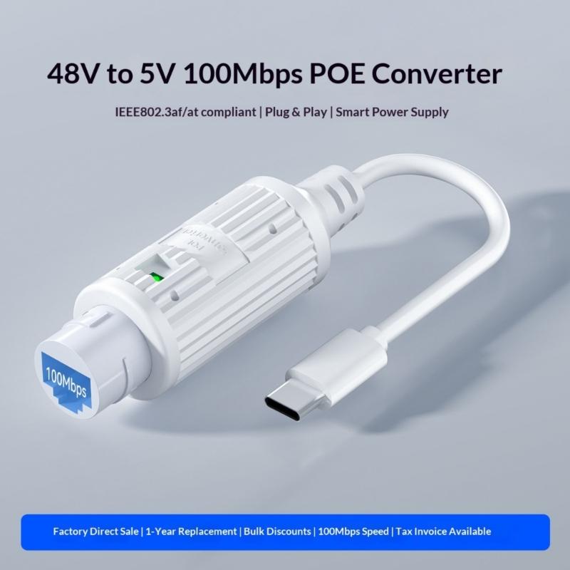 Type C POE Splitter 48V to 5V Power Converter 100Mbps Data for Security Cameras High Efficiency Voltages Conversion