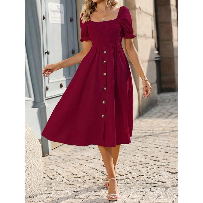 

Summer New Arrival Fashion Fashion Square-Neck Cinched Single-Breasted Pure Color Mid Length Long Length Puff Short Sleeve Dress Dress Burgundy M