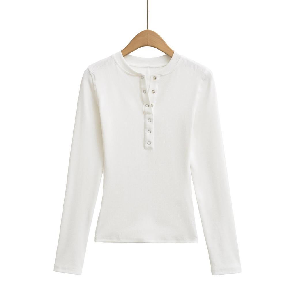 Women's White Slim Fit Henley Collar Long Sleeve T-Shirt – Perfect Waist-Cinching Base Layer for Autumn and Winter.