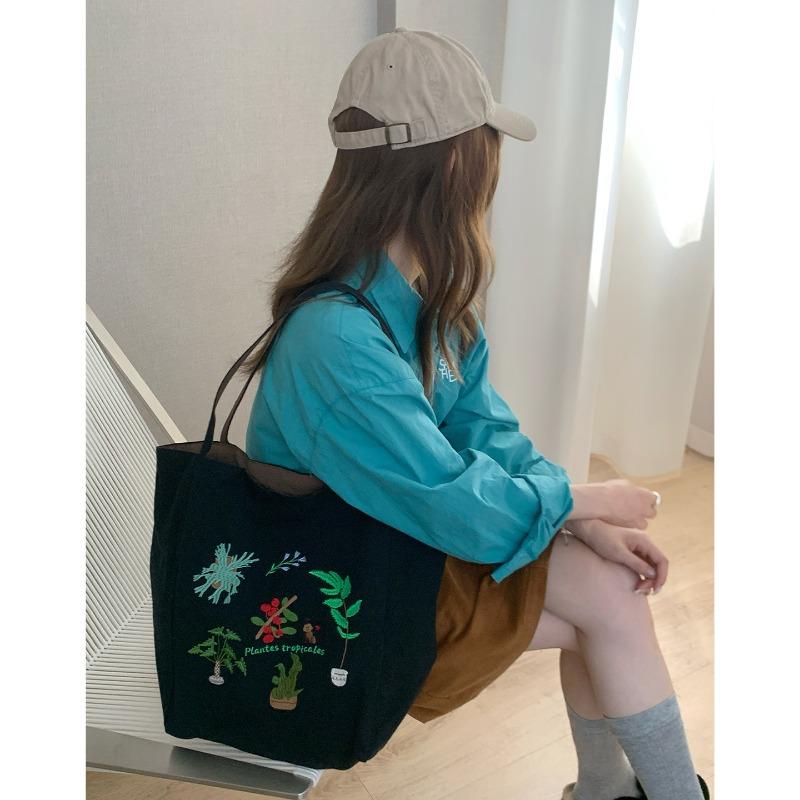 Vintage Plant Embroidered Double-sided Canvas Bag Large Capacity Canvas Bag Fresh Dual-purpose Student Bag Commuter Bag