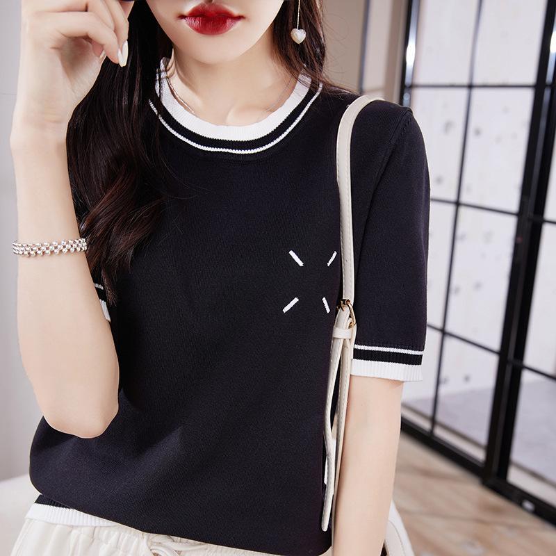 

Женская летняя тонкая футболка с круглым вырезом, цветными блоками, из вязаного ледяного шелка, с коротким рукавом, красивого темперамента, новая, свободного кроя, универсальная, с рукавом до локтя XXL чёрный