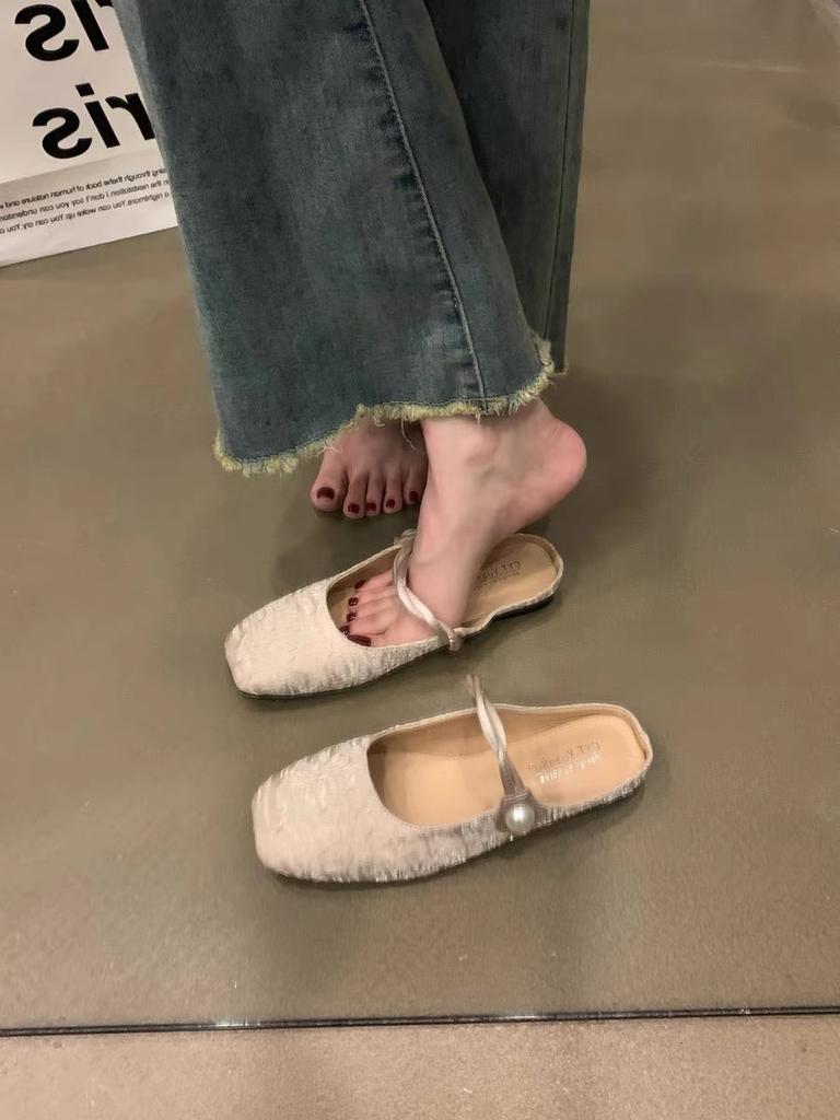 Chaussures simples Mary Jane pour femmes nouvelles chaussures printemps et été 2024 tempérament à semelle plate bout rond demi-pantoufles françaises extérieures demi-plateau