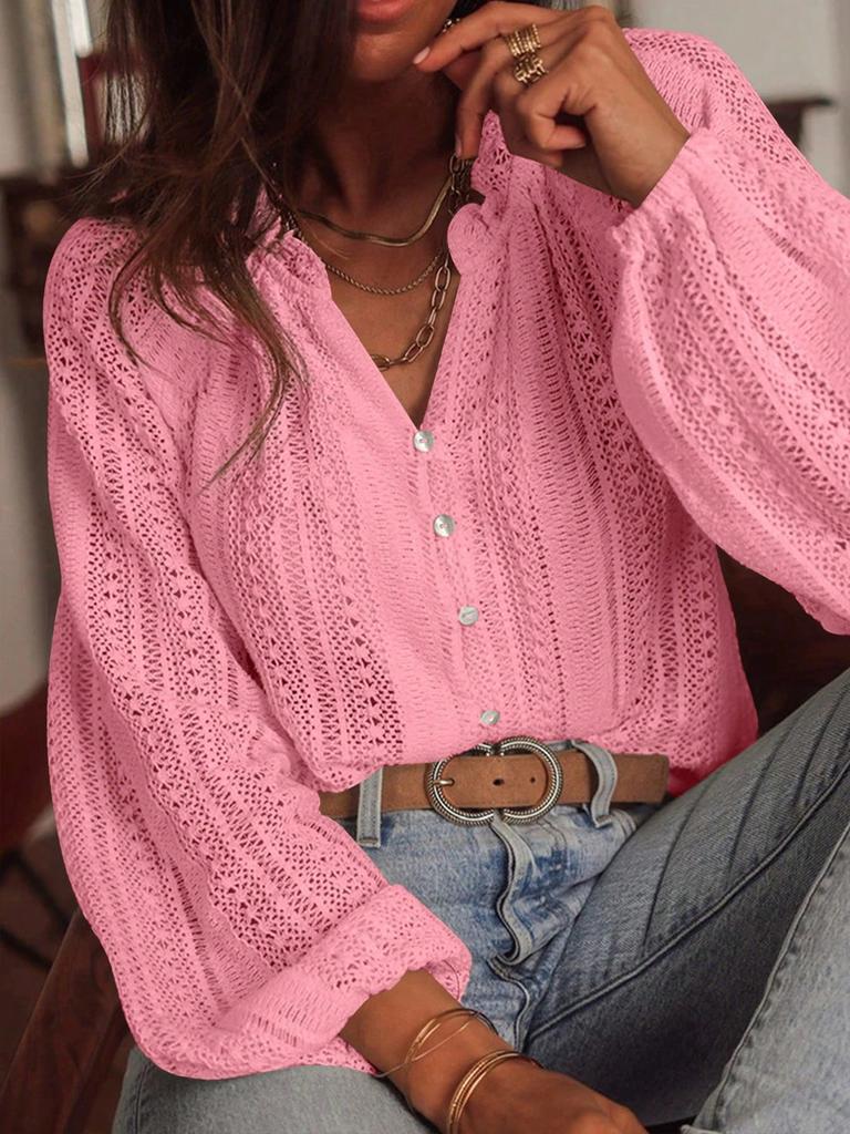 Spring New Loose Fashion Versatile Hollow Lace V-Neck One-Button Pleated Long Sleeve Shirt