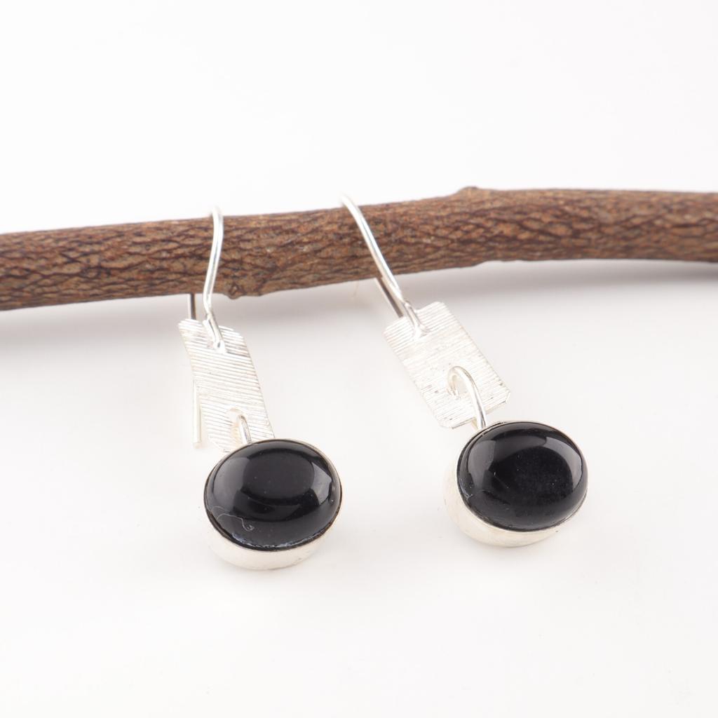 Black Tourmaline Gemstone 925 Stamped Silver Jewelry Handmade Boho Earrings 1.9" EE-168-28