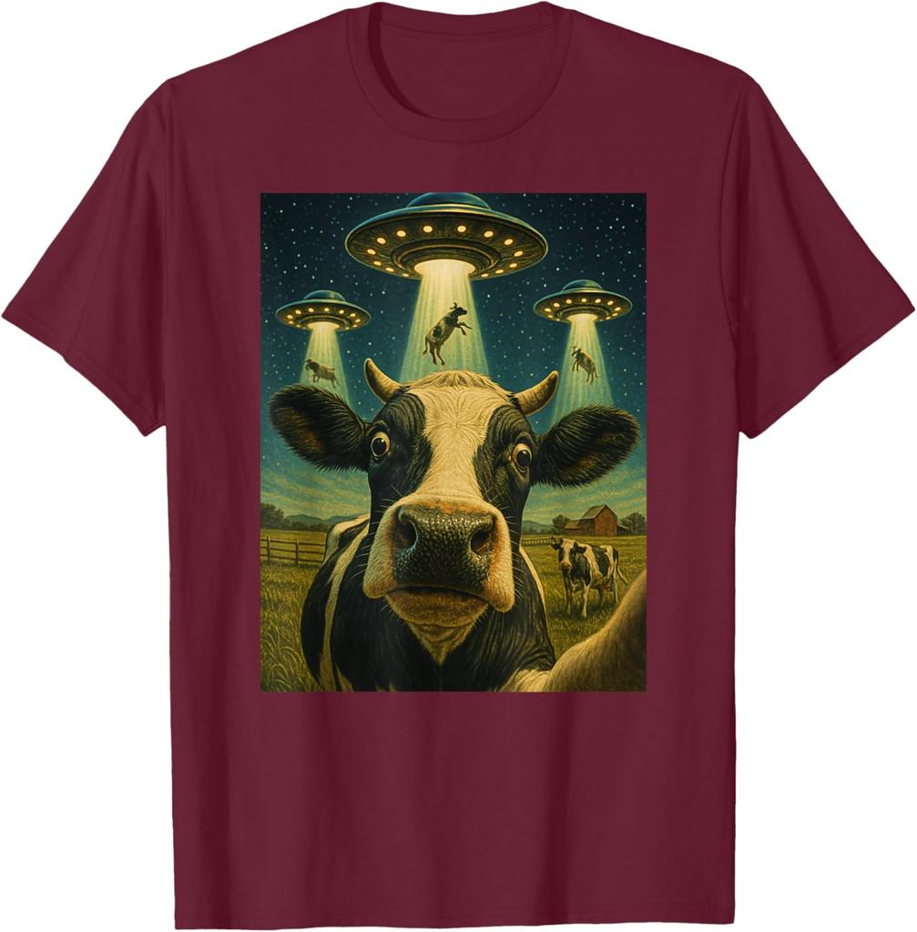 Funny Cow Abduction Selfie UFO Alien Graphic Tee T-Shirt Casual Daily Wear