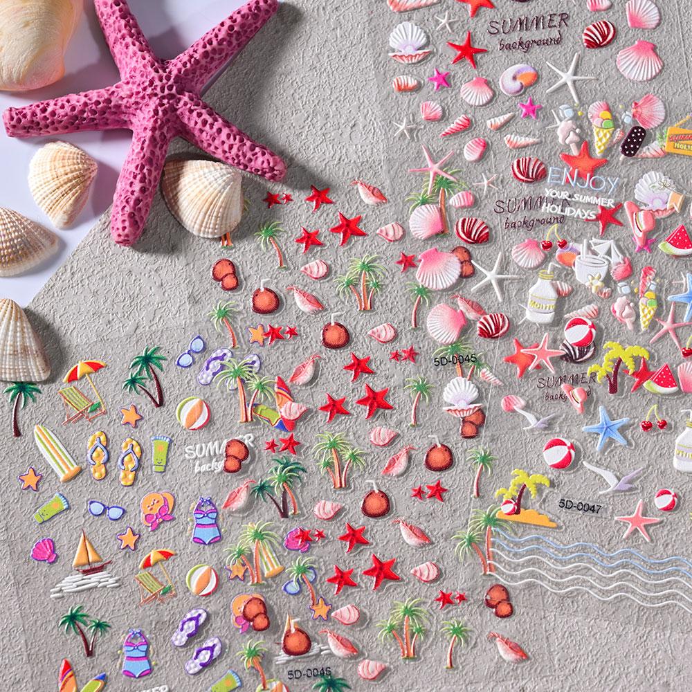Starfish 1 Sheet Summer Sea Shell 5D Nail Sticker Engraved Nails Stickers Beach Jellyfish Decals Shell Nail Slider