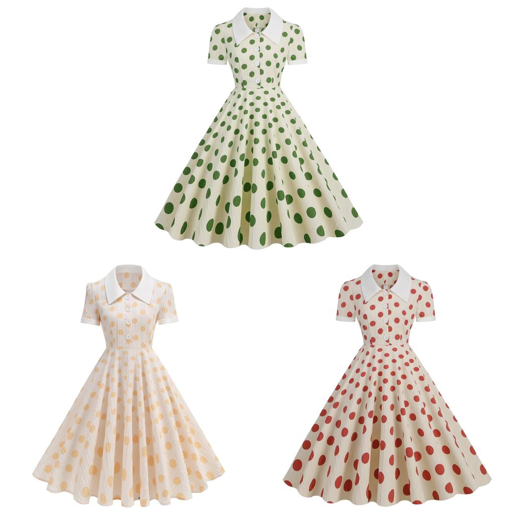 Vintage Polka Dot Dress With Spliced Details For Casual Outings And Parties