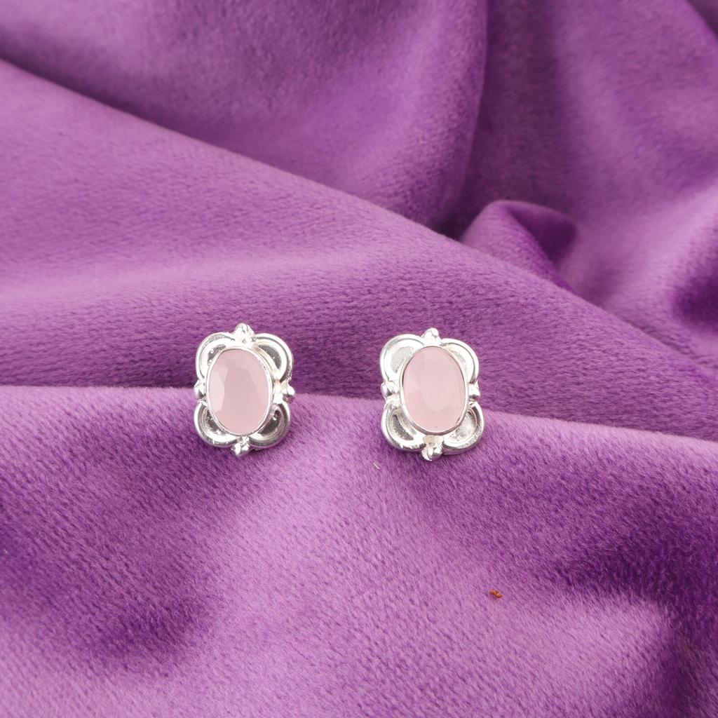 Rose Chalcedony Gemstone Stud Wife Gift Wedding Earrings Jewelry Sterling Silver EE-149-8
