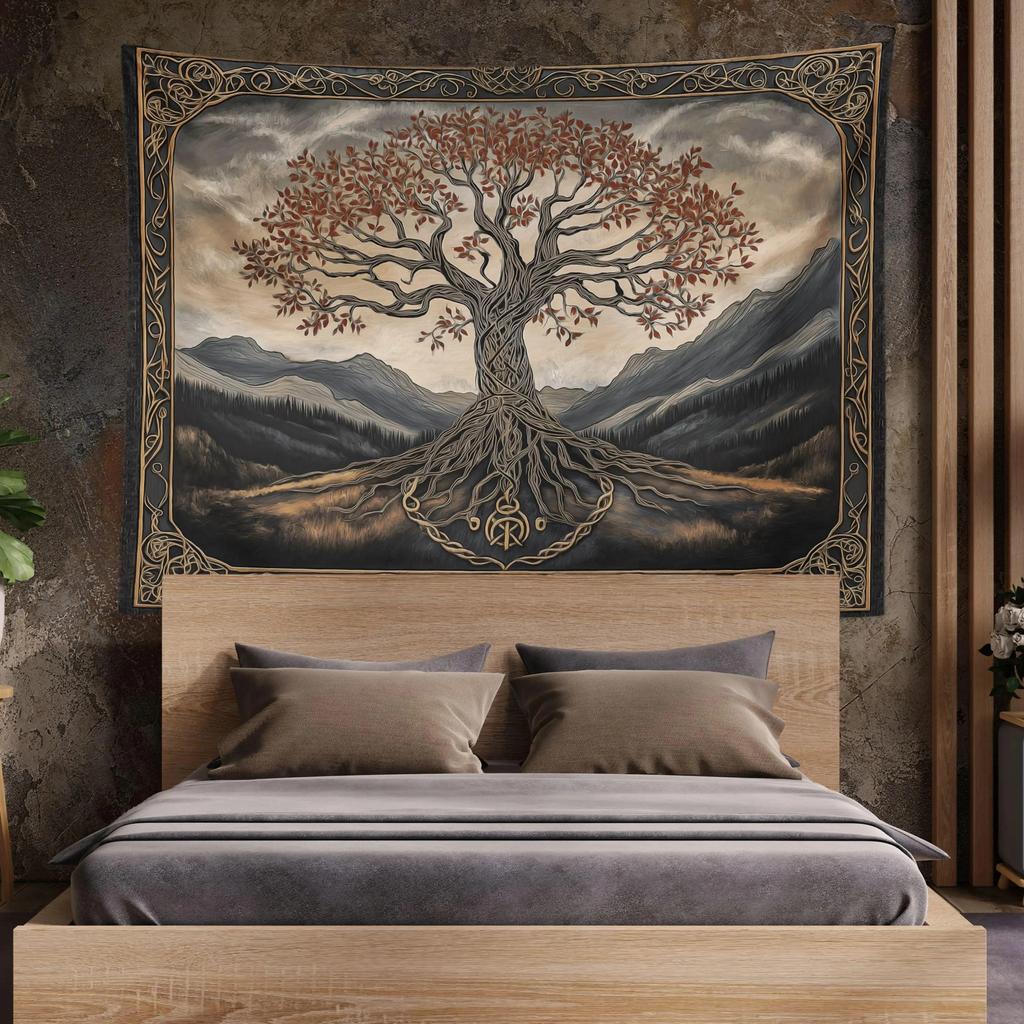 Tree of Life Tapestry Yggdrasil Celtic Knot Wall Hanging Peach Skin Fabric Vintage Mountain Nature Home Decor for Bedroom Dorm