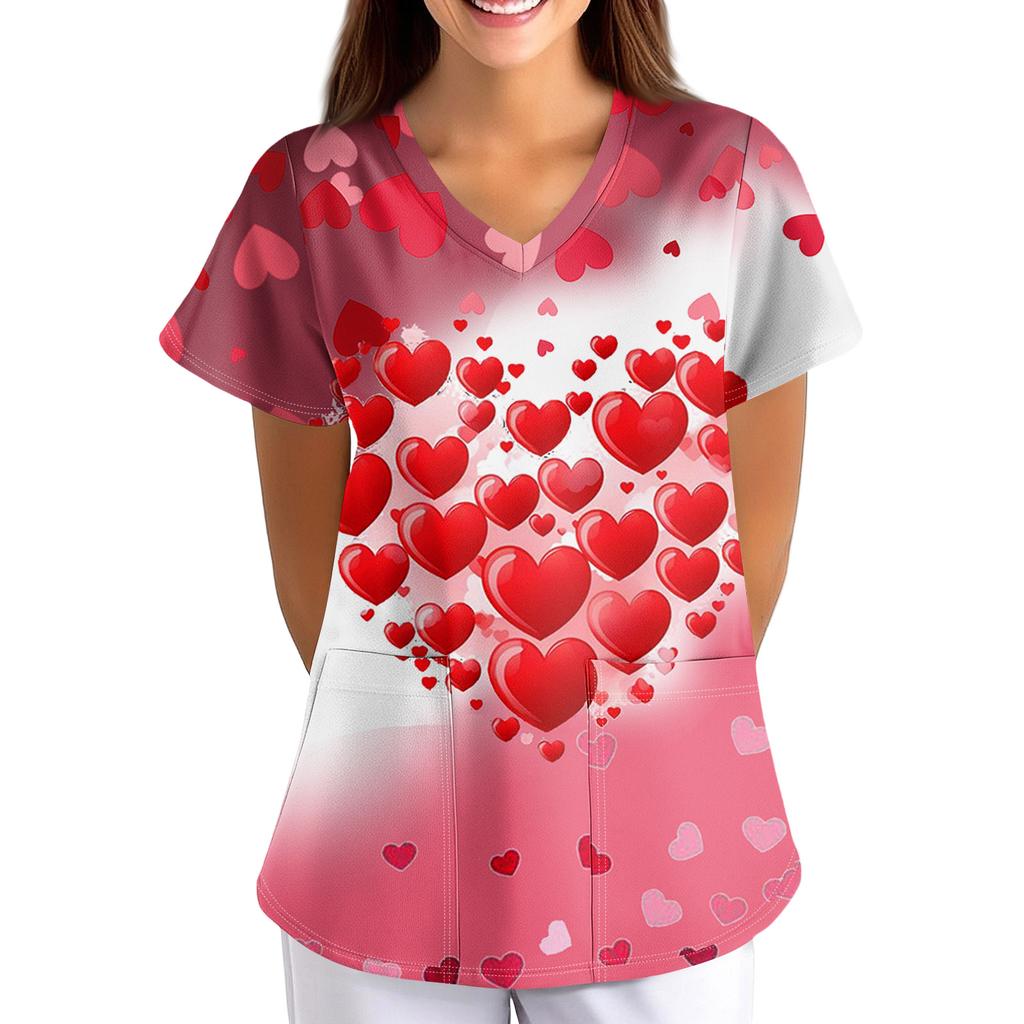 Plus SizeWzorzysty Strój Roboczy Bluzki Dla Kobiet Krój V-Neck z Nadrukiem Krótki Rękaw Zabawne T-Shirty Odzież Robocza Tee z Kieszeniami
