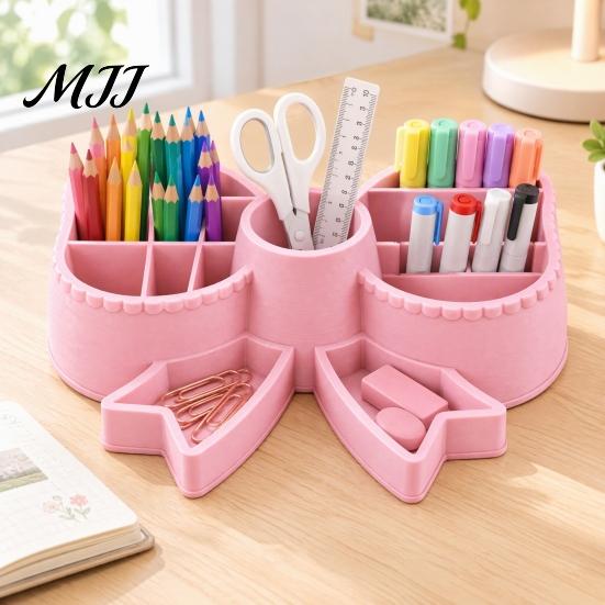 Compact Stationery Organizer for Kids Cute Bow Pen Holder, 3D Printed Pencil Stand, Multi-compartment Desk Decorative Desktop Storage Studio