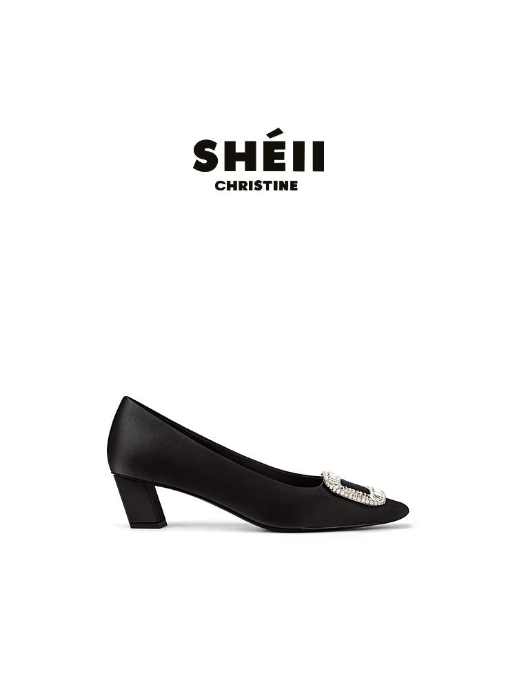 

Sheepskin Su Yinyin same style square head square buckle rhinestone high heels women s satin thick heel single shoes ol commuter banquet wedding shoes 40