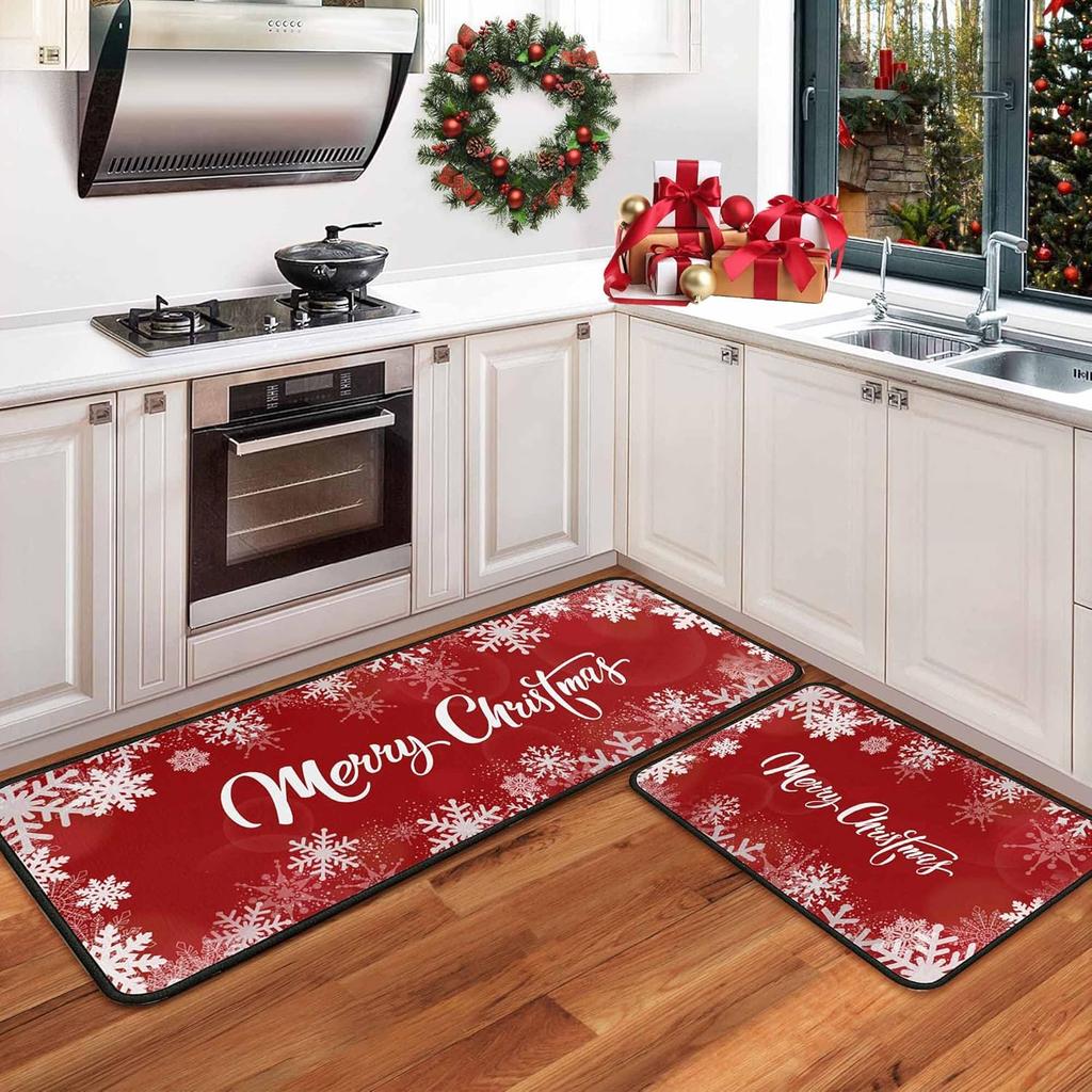 2pcs Christmas Kitchen Area Rug Durable Entrance Welcome Floor Mat for Balcony Corridor Long Rug for Home Decoration