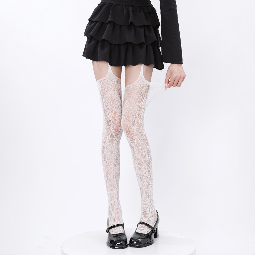 Sexy Hollow Lace Fishnet Socks American Stockings Retro Coffee Vertical Striped Pantyhose Women With Leg Covers