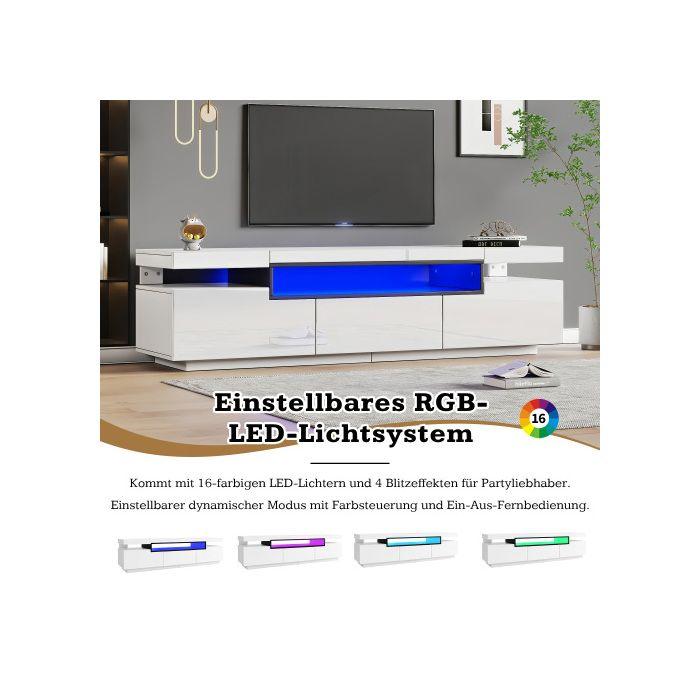 Meuble TV - MUVOE - 160x39x42 Cm - Blanc - Éclairage LED 16 Couleurs - Pour TV Jusqu'à 70 Pouces