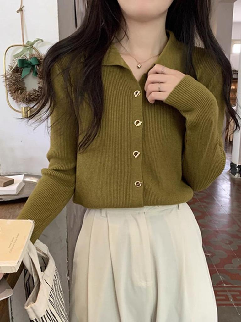 Women's Polo Neck Button-Down Cardigan: Elegant Autumn/Winter Knit Sweater, Ribbed Long-Sleeve Top for a Gentle, Sophisticated Look