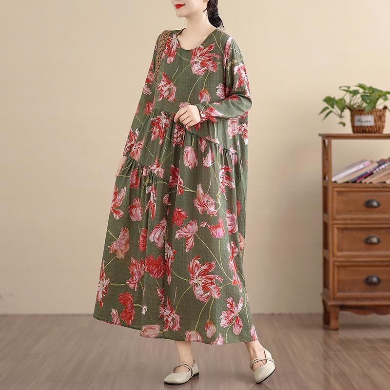 

DIMANAF New 2026 Women Vintage Plus Size Spring Summer Long Dress Loose Oversize Long Sleeve Maxi Floral Print One size