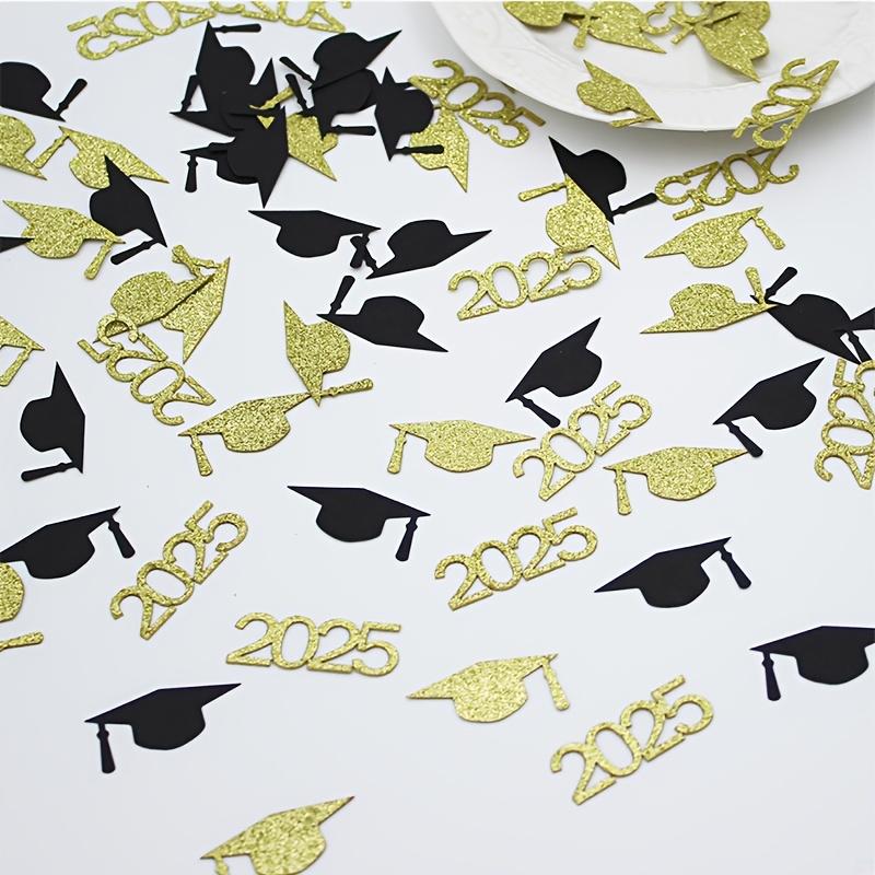 100pcs 2025 Black & Golden Graduation Cap Confetti -Elegant Paper Scatter Decor for Graduation Party, Celebratory Event Supplies