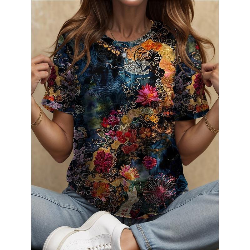 Retro Floral Print Damen T-Shirt Sommer Locker Lässig Kurzarm Tees Oberteile Kleidung Mehrere Stile und Größen zur Auswahl
