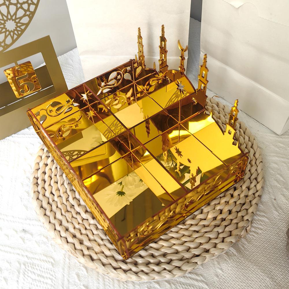 Ramadan Tray Eid Mubarak Serving Tray Hollow Palace Acrylic Mirror Tray Fruit Plate Tableware Dessert Platters DIY Display Holder Ramadan Decor