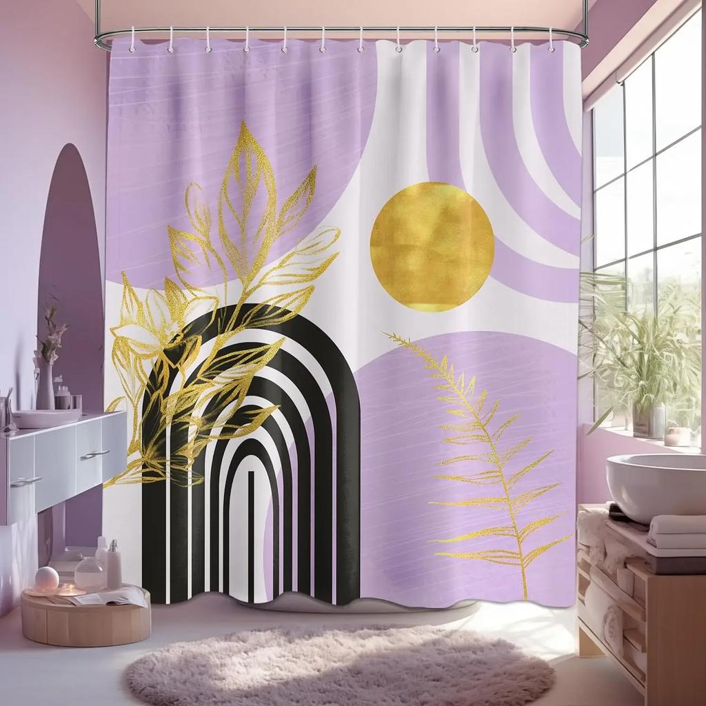 Mid-Century Modern Shower Curtain Bathroom Decoration with Black and Gold Leaves Bathtub Shower Curtain