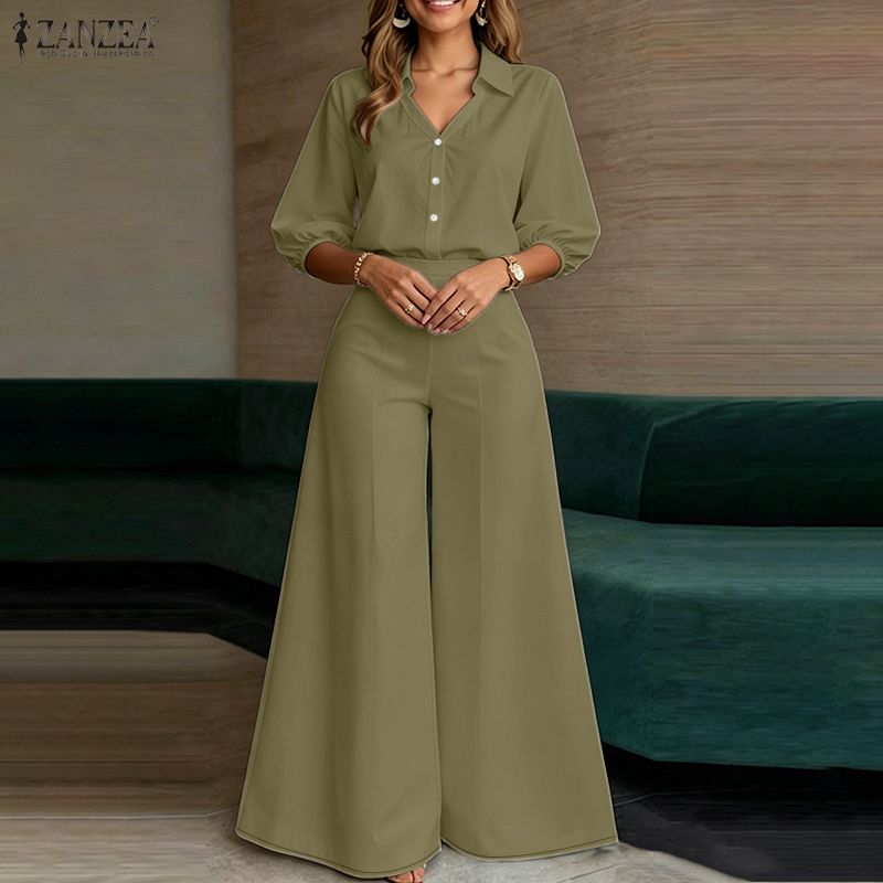 ZANZEA Damen 3/4-Ärmel Bluse und Hose mit weitem Bein Lässige zweiteilige Anzugsets