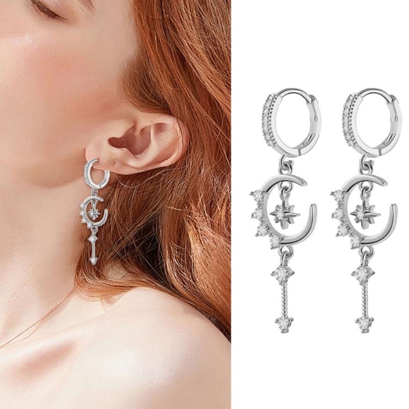 Twinkling Star Moon Floral Ear Studs With Micro Paved Zircon Accents And Lightweight Copper Construction
