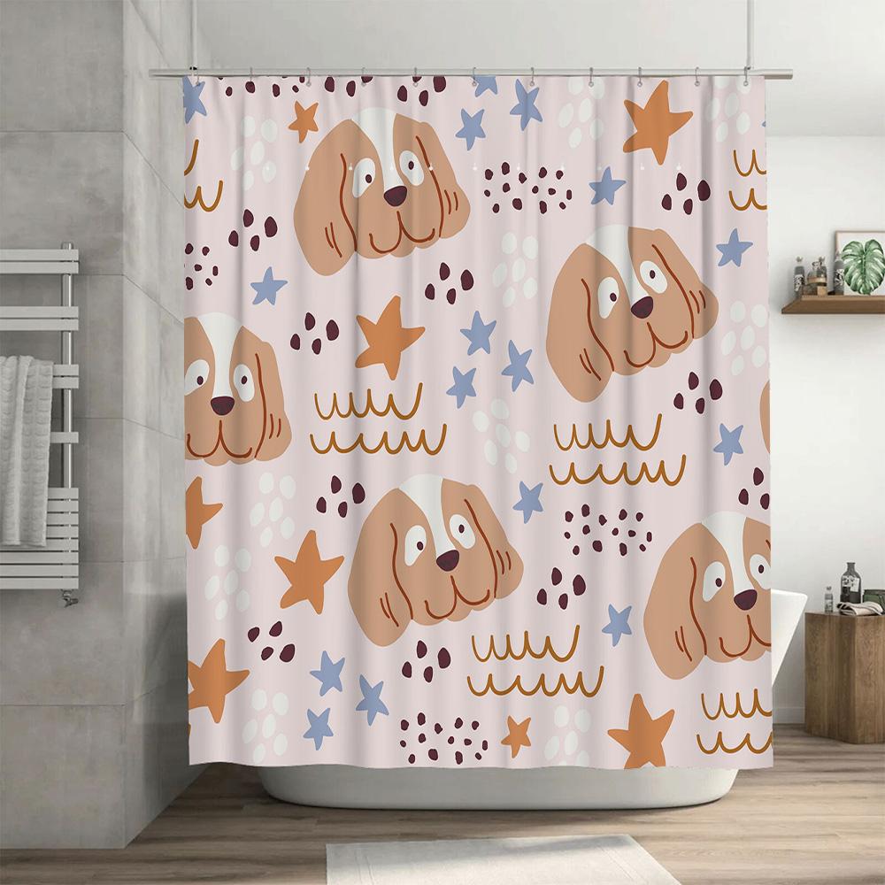 Dog Print Shower Curtain with Cute Cartoon Dogs Pink Bath Decor for Home Bathroom Accessory Universal Fit 72 x 84 Inches