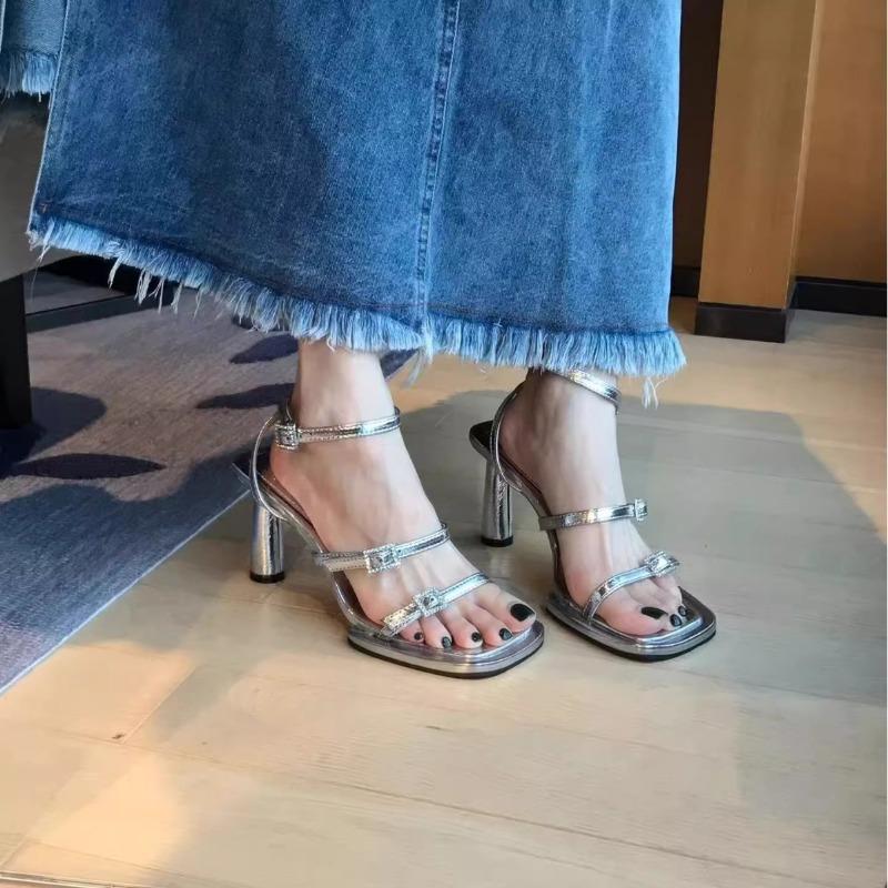 Rhinestone temperament sandals women's new summer silver square head open-toe buckle strap thick heel high heels