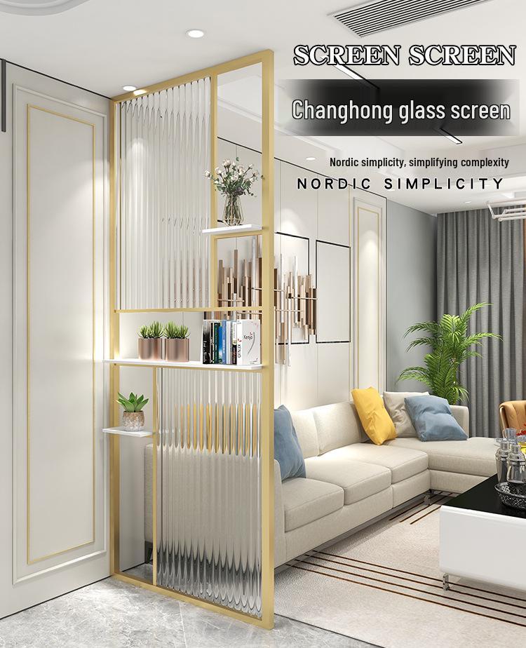Modern Nordic Glass Partition Screen with Iron Art and Stainless Steel Washstand for Luxury Living Room and Entryway