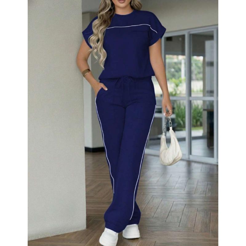 Women's Fashionable Casual Suit - Solid Color, Simple Design, Short-sleeved Straight-leg Pants Set of Two Pieces
