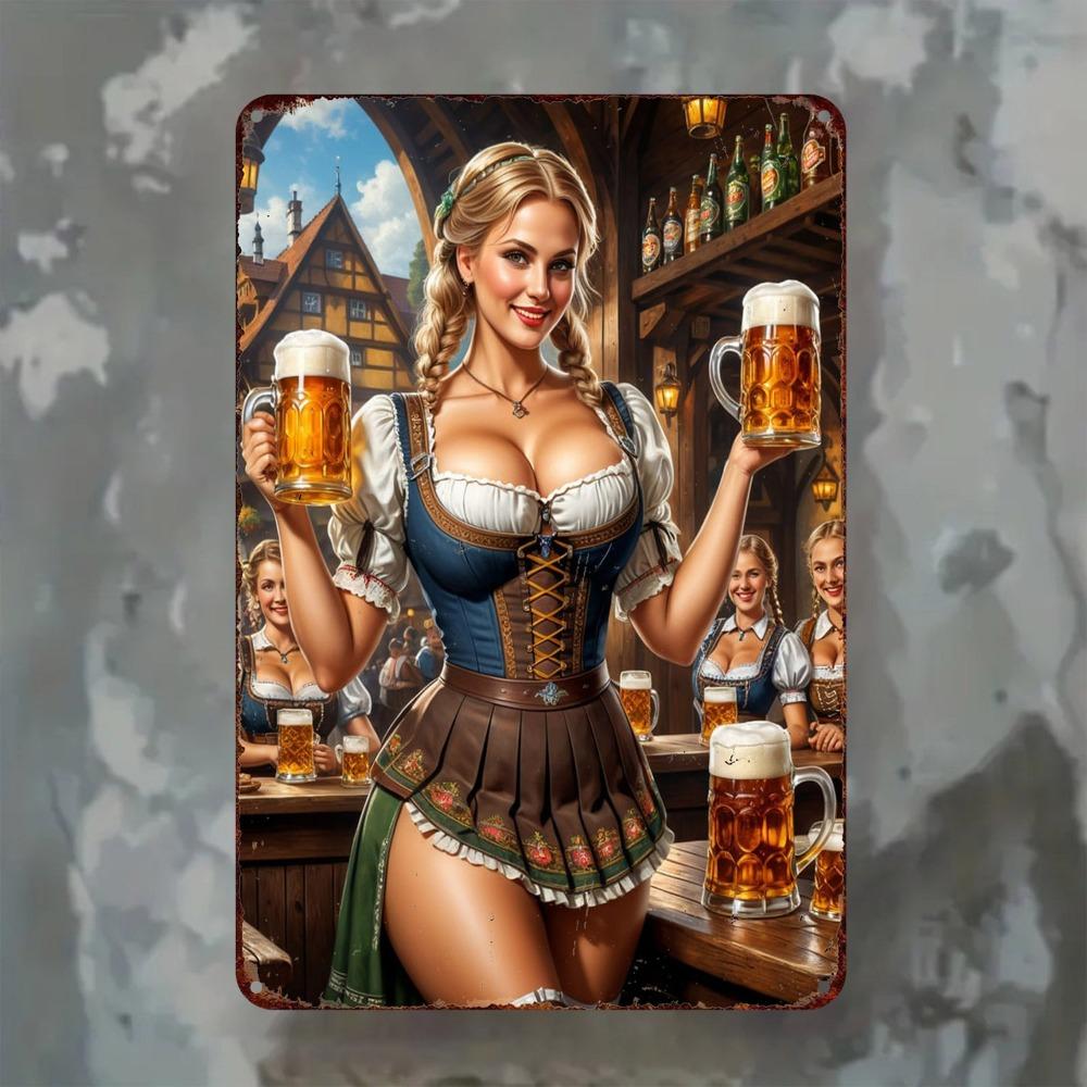 OktoberfestGirlMetalArt 1 Stück 2D Flaches Vintage Oktoberfest Mädchen Metallschild 7,8x11,8" - Deutsches Kleid/Bierkrug Dekor für Zuhause/Bar