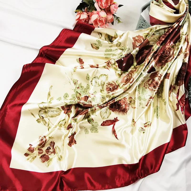 90cm Neckerchief Silk Satin Women Hijab Scaves Fashion Floral Print Headband Neck Scarfs Female Square Shawls Scarfs For Ladies