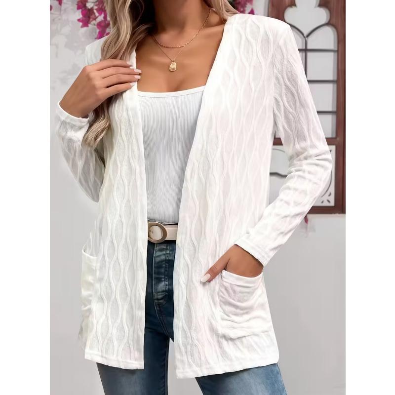 Spring and autumn comfortable casual elegant solid color fashion texture fabric pocket large size women's unbuttoned cardigan