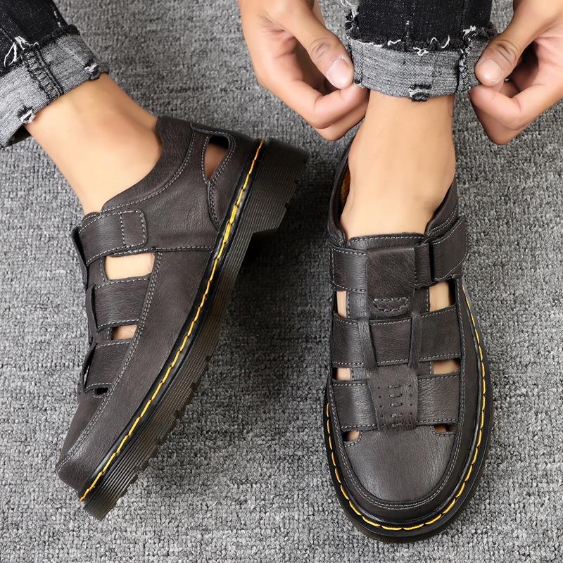 Summer 2025 foreign trade explosion leather men's tooling platform casual sandals bag head Velcro large size men's shoes