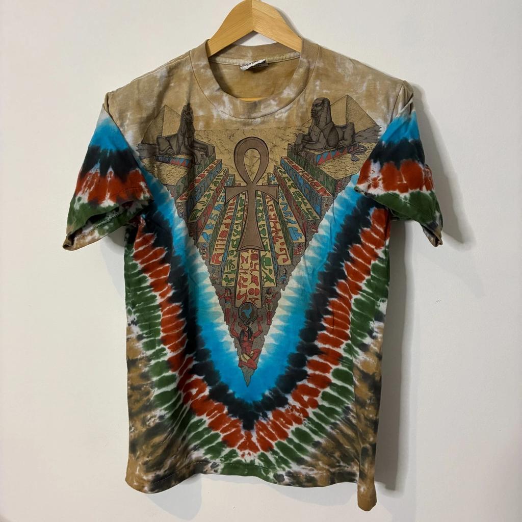 Vintage Liquid Blue Shirt Large Egypt Sphinx Ankh Tie Dye 90s Single Stitch