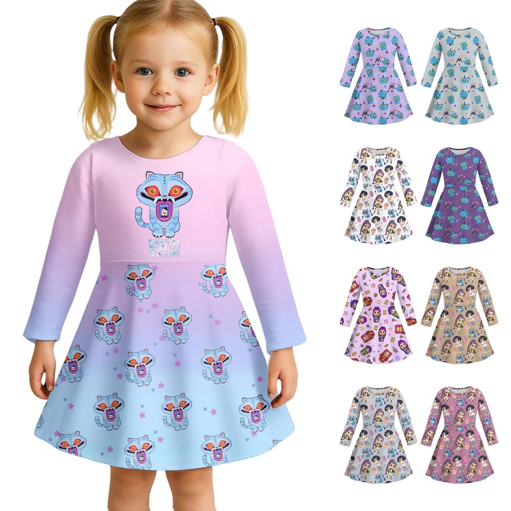 Dziewczęca Sukienka Codzienna Casualowa Uroczy Kreskówkowy Nadruk Długi Rękaw Strój do Tańca Sukienka Księżniczki 2-12 Lat