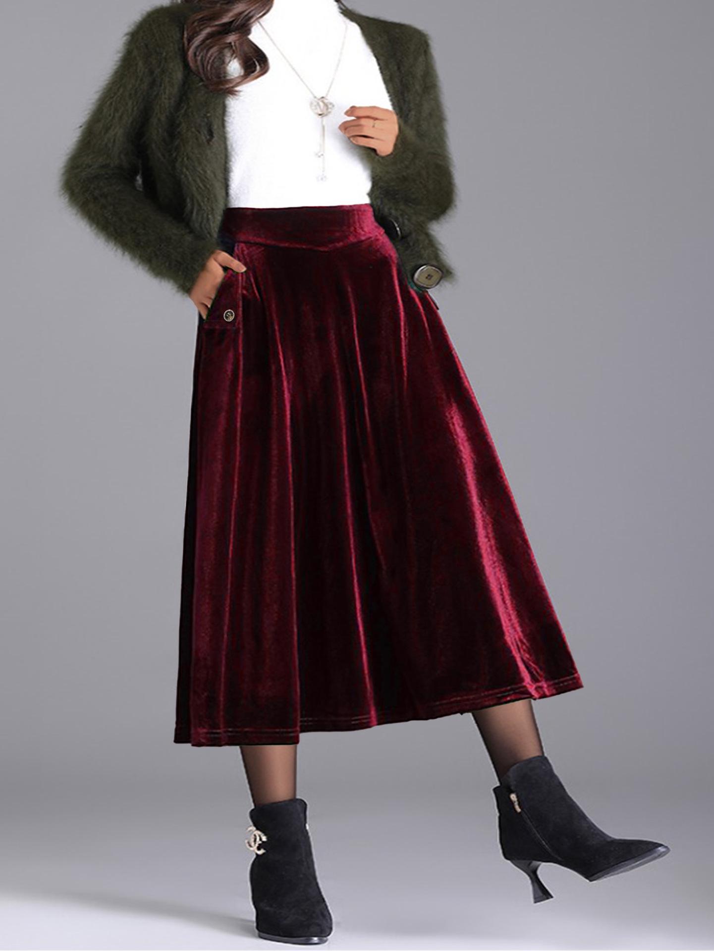 

2025 Autumn/Winter Elegant Plus Size Golden Velvet Skirt for Women 3XL вина червоного кольору