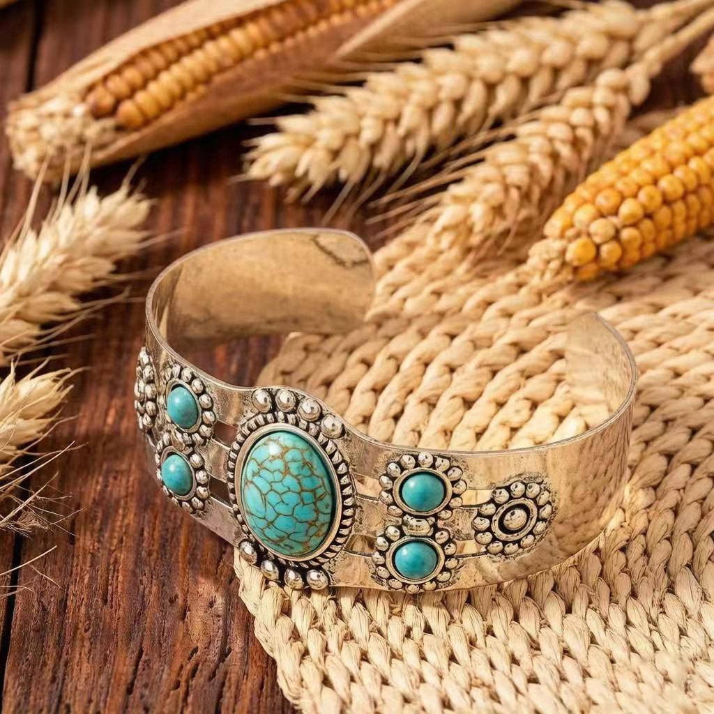 Винтажный бирюзовый браслет-манжета для женщин, открытый statement-браслет в стиле бохо Ancient Silver