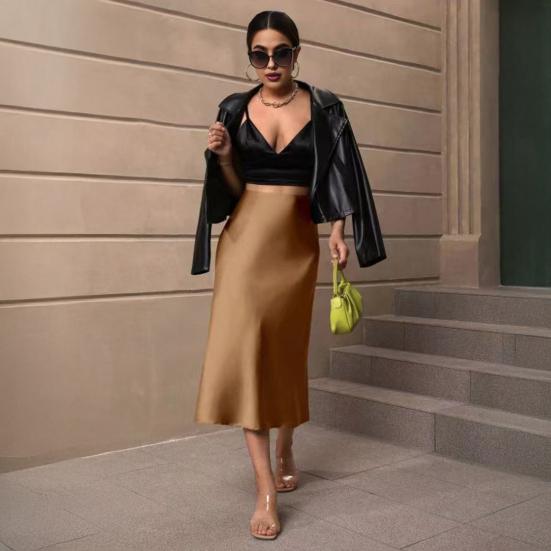 Women Midi Skirt High Waist Smooth Satin Fishtail Hem Slimming Skirt Travel Party Work Leisure Daily Wear