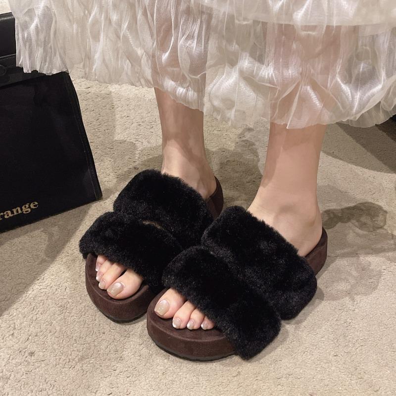 2026 Women's Fashion Slippers Round Toe Platform Sole One-line Fur Slippers Outdoor Fashion All-match Plus-size Cotton Slippers