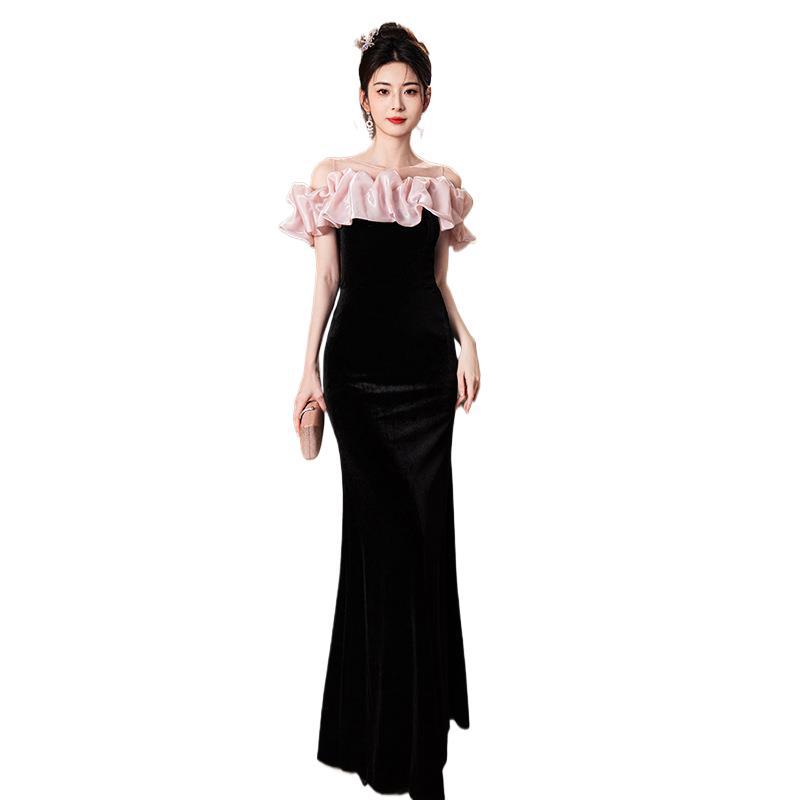 One-word Shoulder Evening Dress Dress   New Black Sexy Fishtail Dress Light Luxury Niche Host Evening Dress