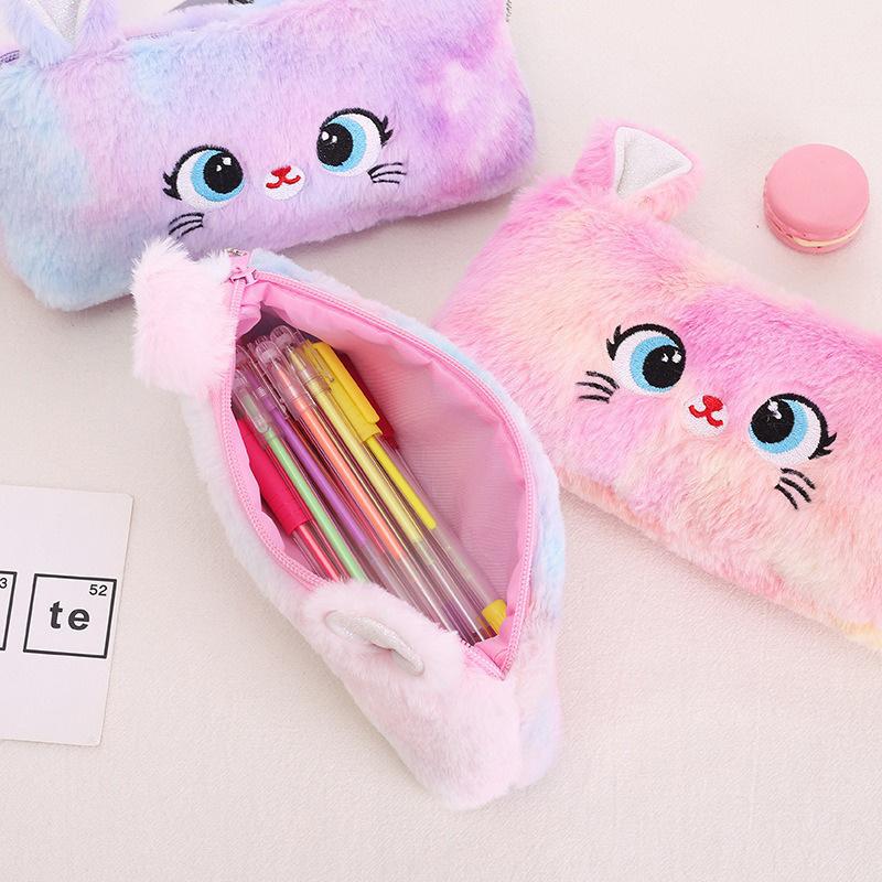 Kawaii Largecapacity Cat Zipper Pencil Bag Beautiful Cartoon Creative Plush Pencil Bag For Girls Stationery Storage Bag