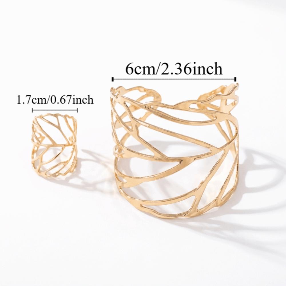Stylish Hollow Leaf Bangle Elegant Retro Jewelry Set Trendy Open Bangle Ring Set  Women